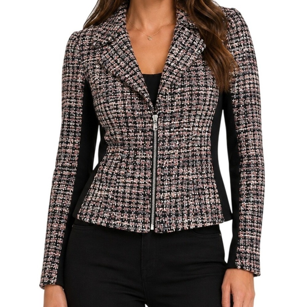 White House Black Market Mixed Media Tweed Zip Blazer Jacket Women's 00p